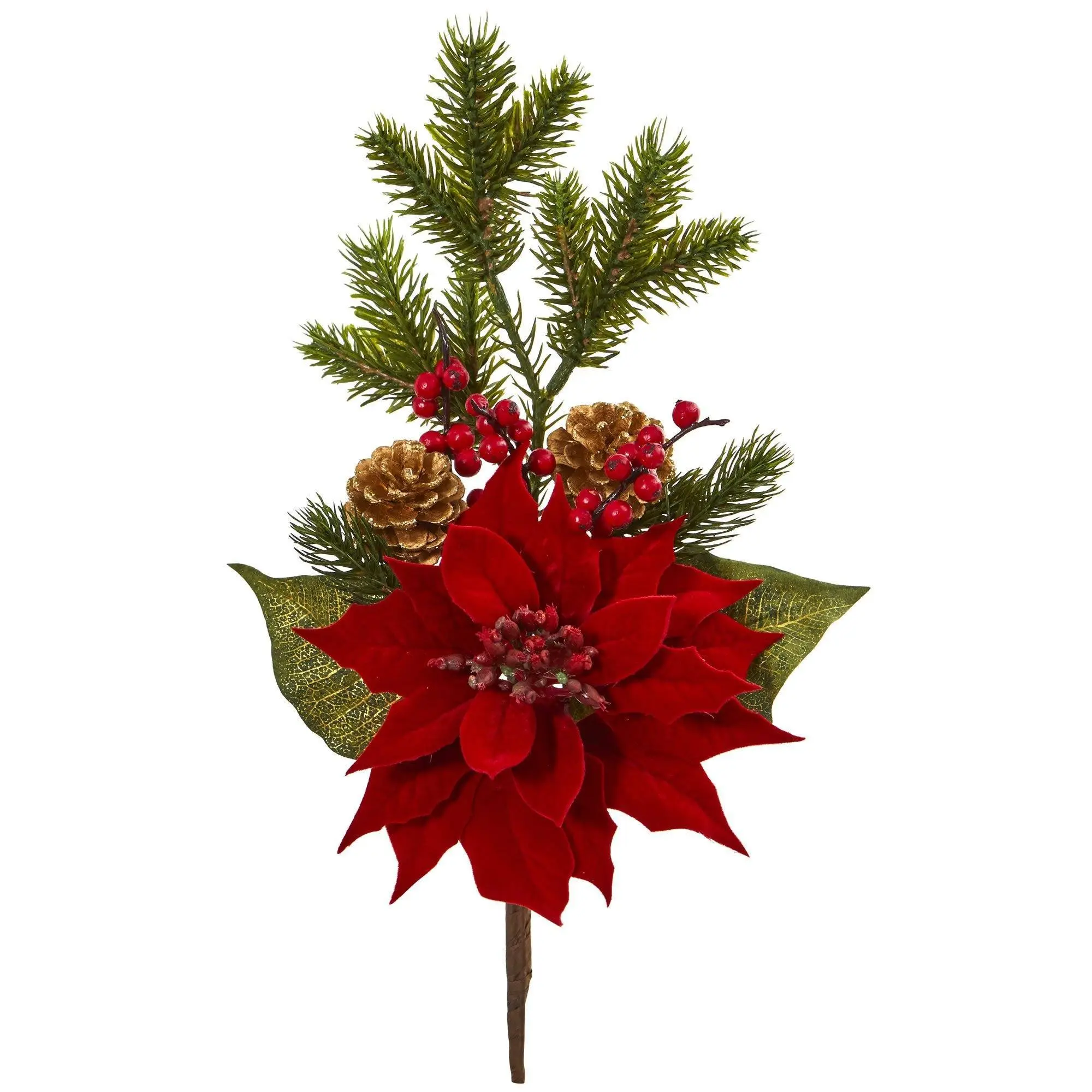 Decorative Artificial Poinsettia-Berry-Pine Bundle Set, 6-Piece 17 in Holiday Home Floral Decor for Table Arrangements, Fireplace Mantel, Ornaments
