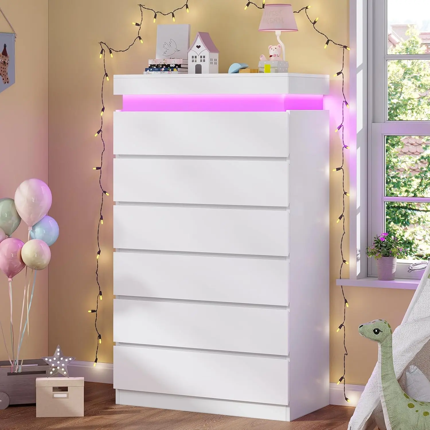 HAUOMS Tall 6 Drawer Dresser with LED Light, White Modern Chest of Drawers for Bedroom,Closet Dressers with Drawers for Living Room, Entryway, Hallway
