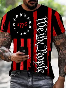 Trendy Flag Pattern Print Short Sleeves Fitted Tee for Men, Casual Daily Wear Streetwear Fashion Style, Perfect for Everyday