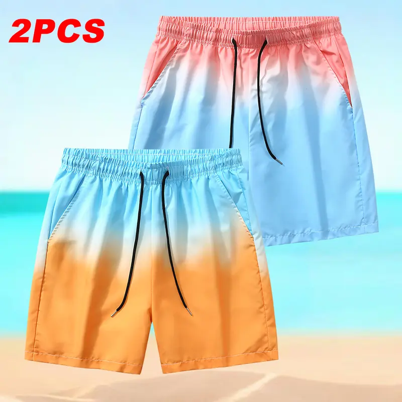Men's Beach Shorts Summer 2 Piece Set Gradient Swim Trunks Fashionable Casual Shorts for Teenagers Suitable for Swimming Surfing Relaxation Vacation Water Sports Running Workouts and Everyday Wear