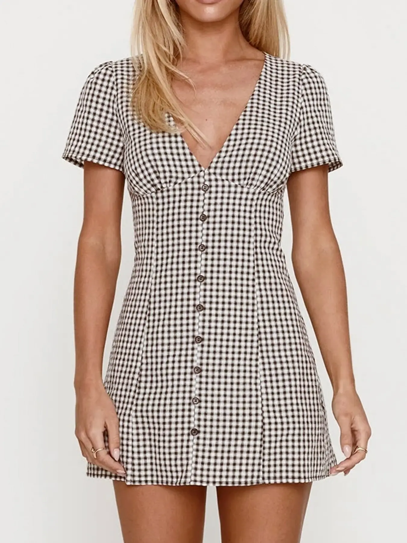 Women's Plaid Print Button Decor V Neck Dress Casual Fashion Womenswear Short Sleeve Dress for Daily Outdoor Wear Ladies Clothes for All Seasons Sexy Shirt Mini Dress