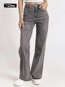 Women's Minimalist High Waist Denim Fabric Multi-Pocket Button Stretch Wide Leg Fit Jeans Spring Summer