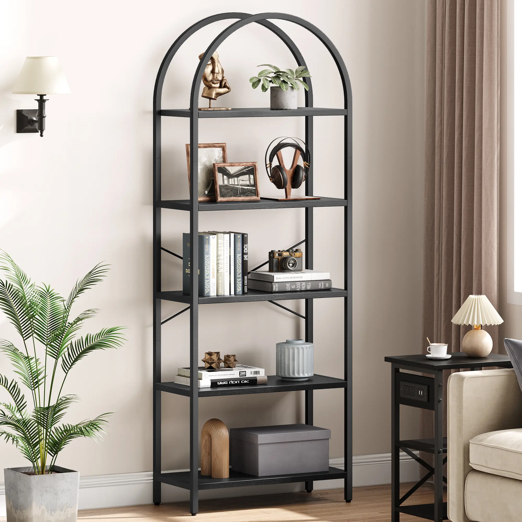 📚 5-Tier Arched Bookshelf – Tall Metal Frame, Open Display Rack – Perfect for Bedroom, Living Room or Home Office ✨, Shelves For Bedroom, Industrial, Decor