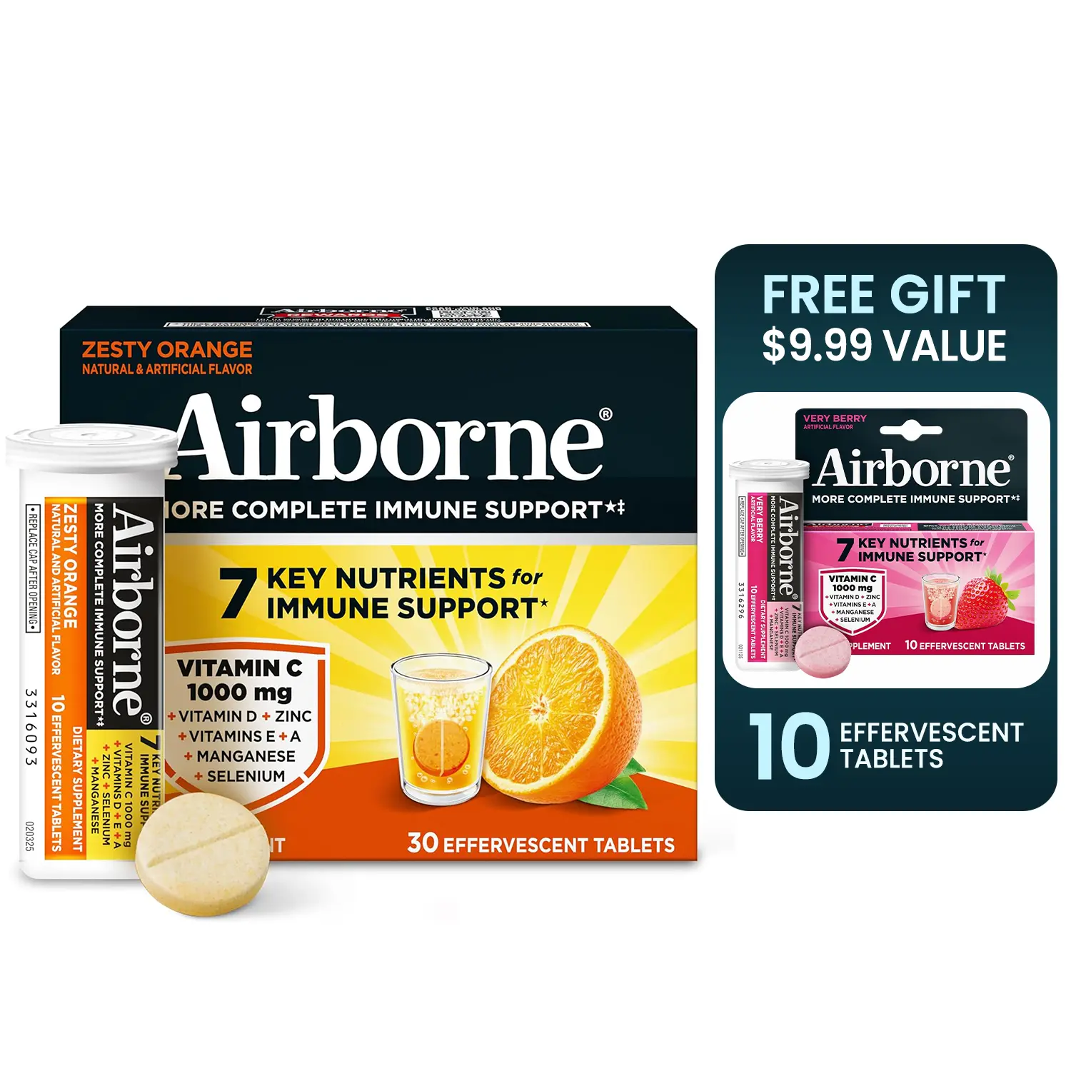 Airborne Immune Essentials Zesty Orange Effervescent Tablets, 30ct - 1000mg Vitamin C, A, D, E, Zinc, B Vitamins & Antioxidant-Rich Herbal Blend - Sugar-Free Daily Immune & Supplemental Nutrition Support for Adults, Gluten-Free