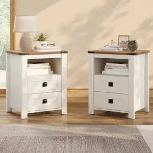 [Brandday][Memorialday] AMERLIFE 18" Farmhouse Nightstand Set of 2, Wooden Bedside Table with 2 Drawers & Open Shelf, Rustic End Table for Bedroom/Living Room