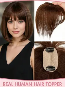 Real Human Hair Glueless Clip-In Topper with Bangs Blonde Straight Hairpiece for Thinning Hair 5*9cm Multi-Ethnic Friendly & Unisex Hair Clips for Styling Hair Volumizing Accessory Versatile Hairpiece Human Hair Topper
