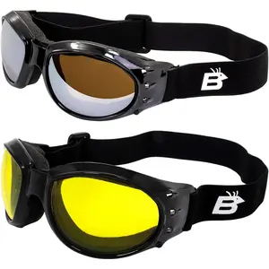 Eyewear  Red Baron style  Padded  Goggles 2 Pairs Black Frame with Yellow & Driving Mirror Lens for Day & Night riding comfort  Googles For Any Weather Condition