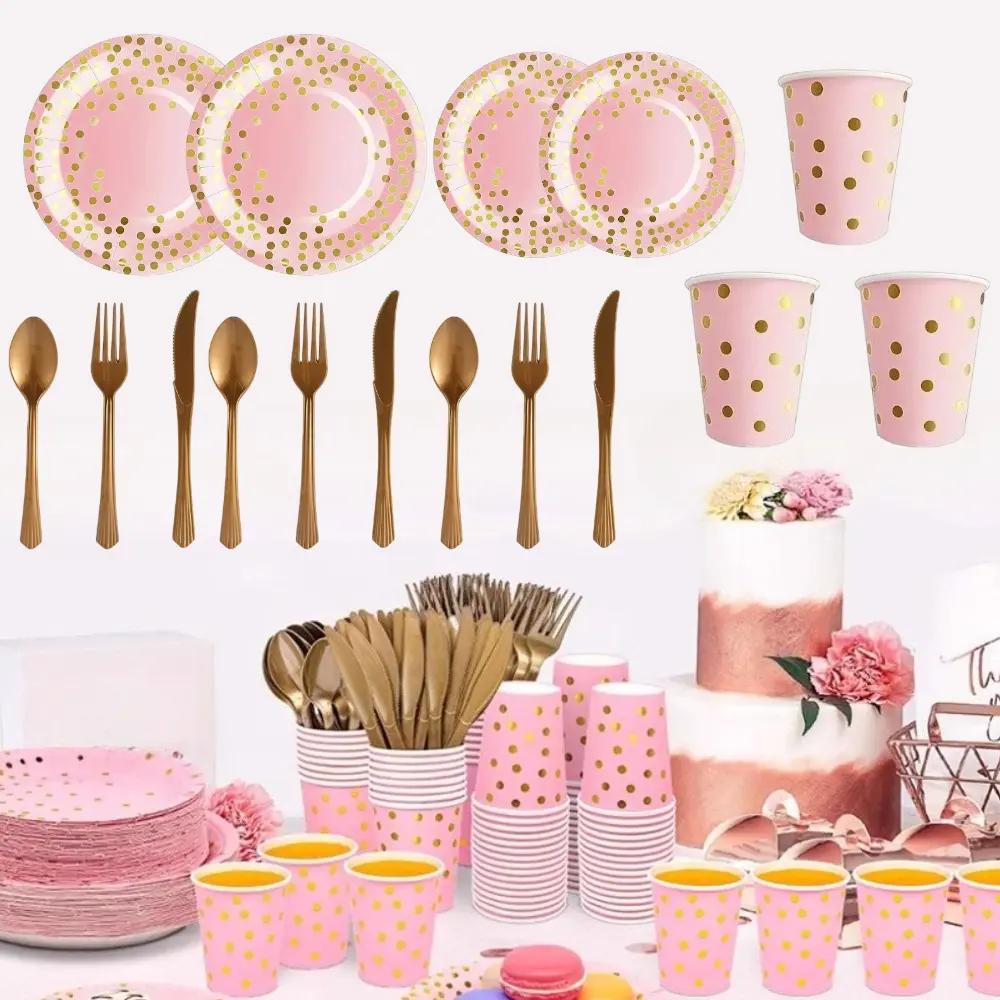 175PCS Pink & Gold Party Supplies Disposable Dinnerware Set, Pink Paper Plates Napkins Cups, Gold Plastic Forks Knives Spoon for Graduation Birthday Wedding Bachelorette Engagement