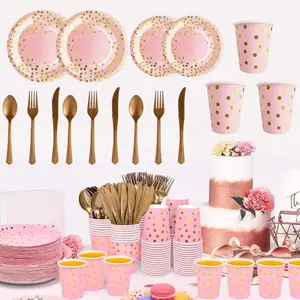 175PCS Pink & Gold Party Supplies Disposable Dinnerware Set, Pink Paper Plates Napkins Cups, Gold Plastic Forks Knives Spoon for Graduation Birthday Wedding Bachelorette Engagement