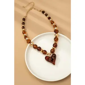 Chunky Beaded Heart Necklace - Brown