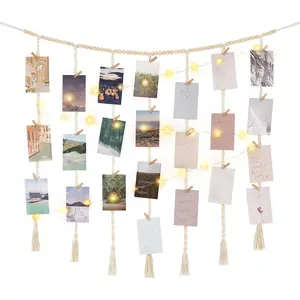 Macrame Hanging Photo Display Wall Decor with String Lights, Boho Wooden Beads Garland Collage Picture Frame Holder with 45 Clips for Bedroom Living Room Dorm, Ideal Christmas Gifts for Teen Girls