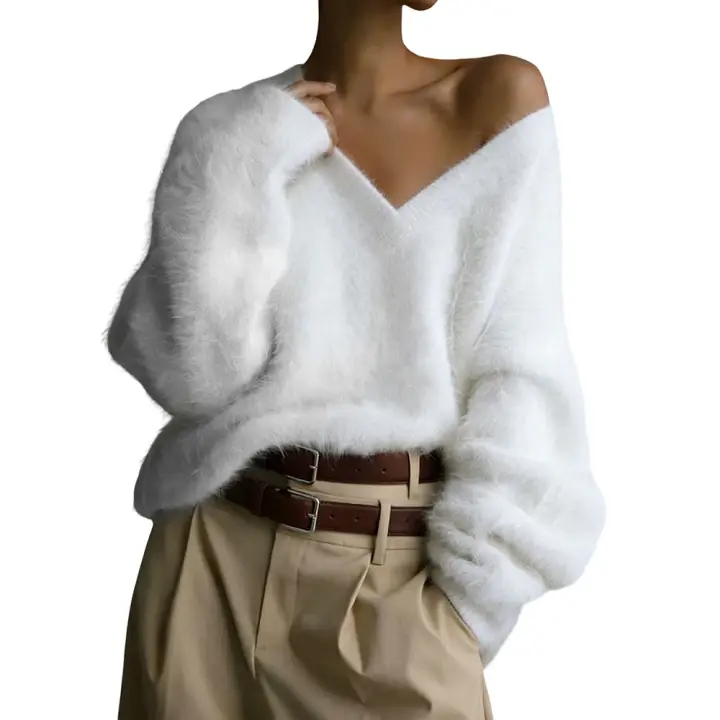 Yimoon Fuzzy Sweater for Women V Neck Long Sleeve Soft Chunky Pullover Sweater Loose Slouchy Fluffy Jumper Top