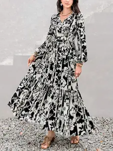 Women's Boho Floral Print Lantern Sleeve Dress, Fitted Waist Tie Design, Loose Fit Comfortable Casual Long Sleeve Dress for Fall Winter