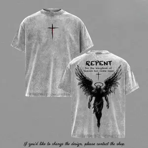 Repent Vintage Washed Oversized Christian T-Shirt, Angel Wings Faith Graphic Tee, “Kingdom of Heaven Has Come Near” Gospel Streetwear Top, Heavy Cotton Unisex Retro Worship Shirt