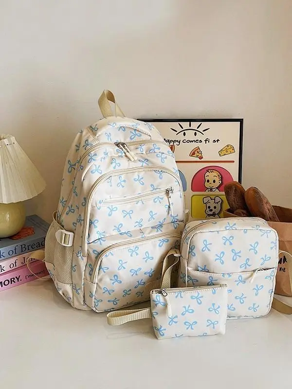 3-Piece Bow-Print Student Backpack Set - Large Capacity Luggage, Includes Matching Crossbody Bag & Makeup Organizer, Ideal for High School & University Enrollees