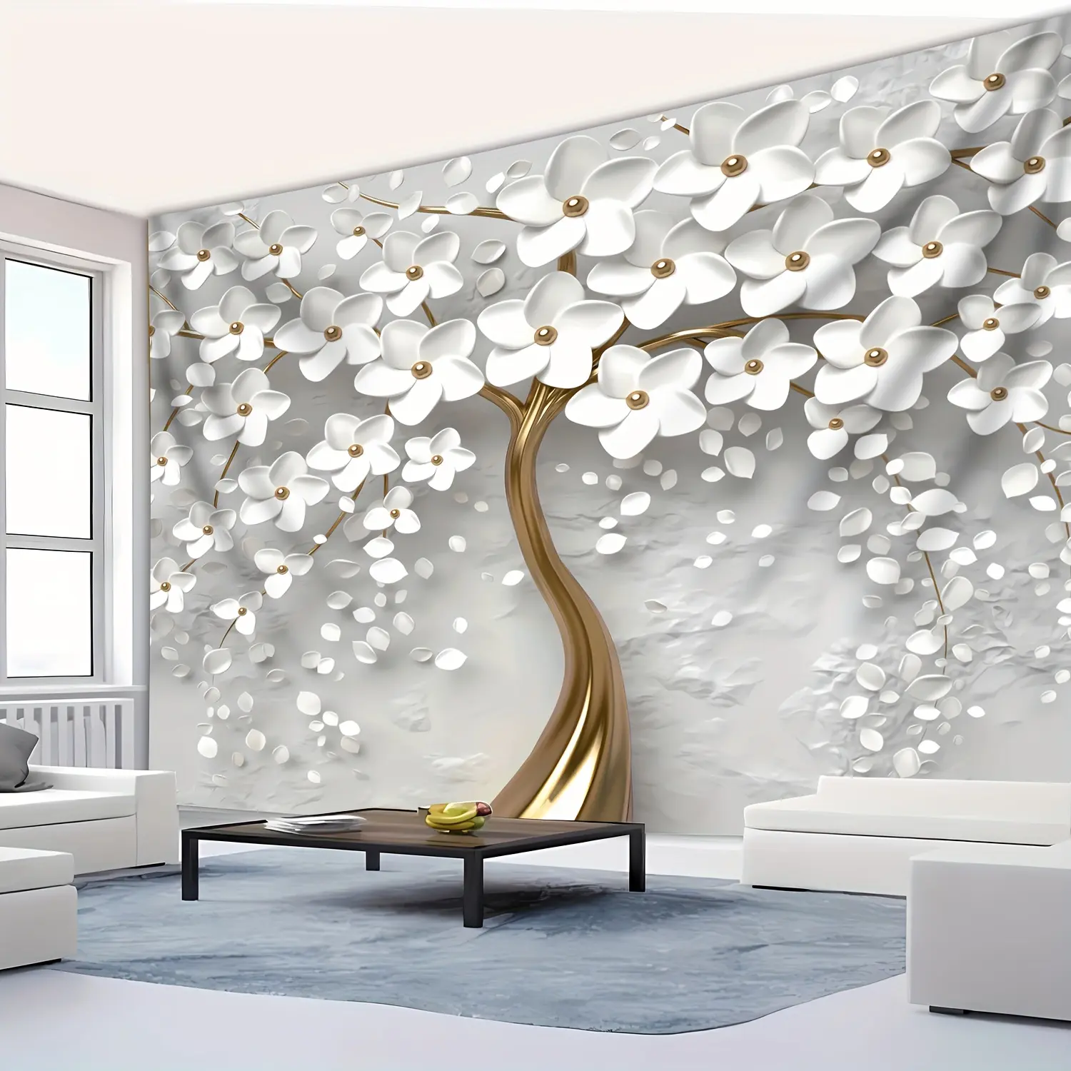 1-Piece Large 3D White Tree of Life Flower Tapestry, Polyester Woven Wall Decor, Indoor Living Room Decorations, No-Installation Horizontal Home Decor for Bedroom, Party Stream Background, Indoors