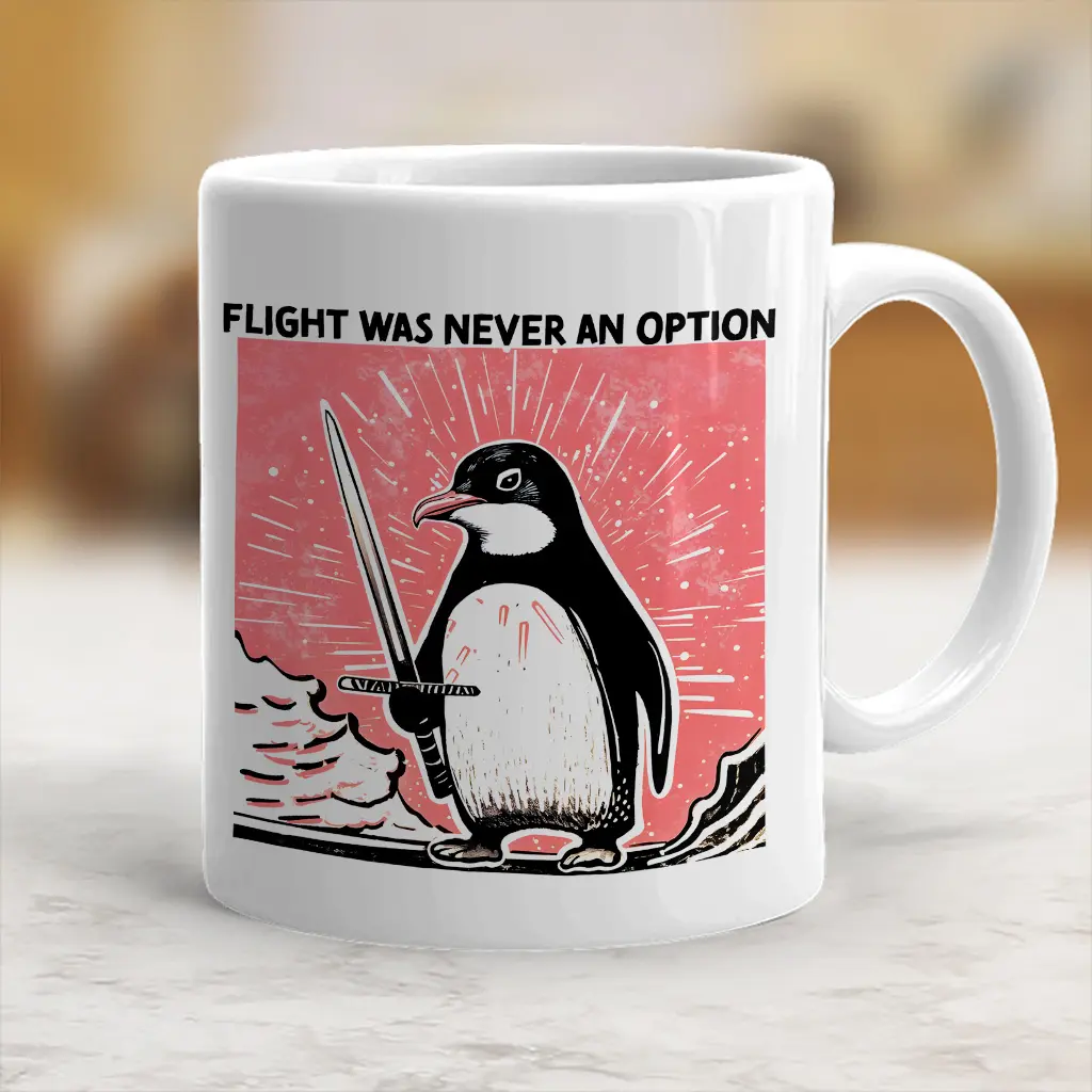 Stylish Ceramic Penguin With Sword Coffee Mug - "Flight Was Never An Option" Beverage Cup, Kitchenware Drinkware - scs13112