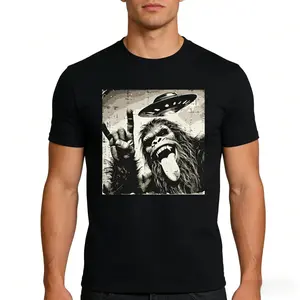 Bigfoot Sasquatch Rock On Selfie With UFO Alien TShirt, Unisex Short Sleeve Graphic Tee, Novelty Apparel for Men and Women, Casual Sci-Fi Humor Fashion Shirt, Streetwear Top