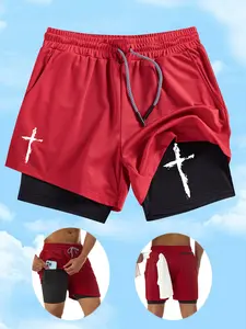 Men's Cross Print Basketball Training Shorts, Multi-Pocket Double-Layer Sports Pants, Breathable Comfortable Outdoor Running Gym Wear, Skinny Workout Shorts, Athletic Wear Shorts