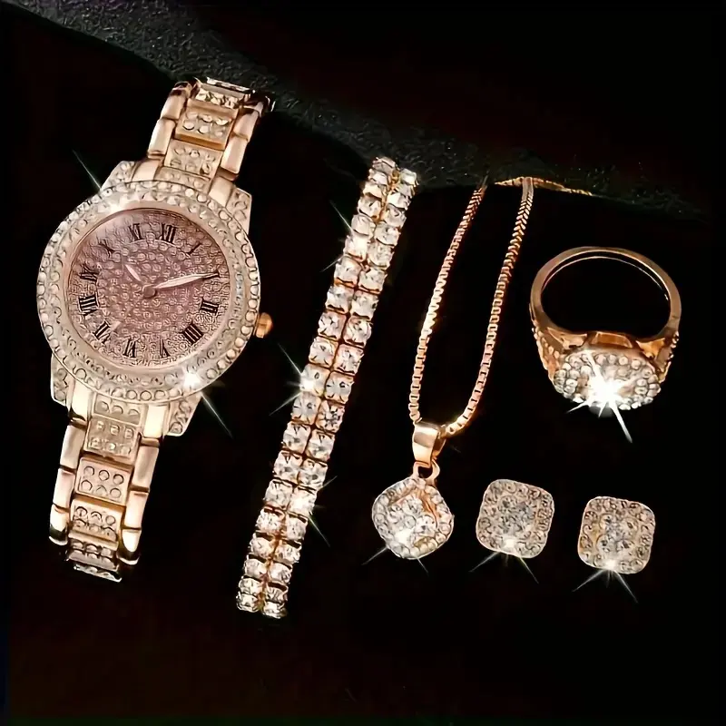 Unisex 5-Piece Minimalist Elegant Jewelry Set - Roman Numerals Quartz Watch, Bracelet, Ring, Necklace, Hook Earrings, Festive Events Casual Daily Gift for Party Supplies Accessories Set