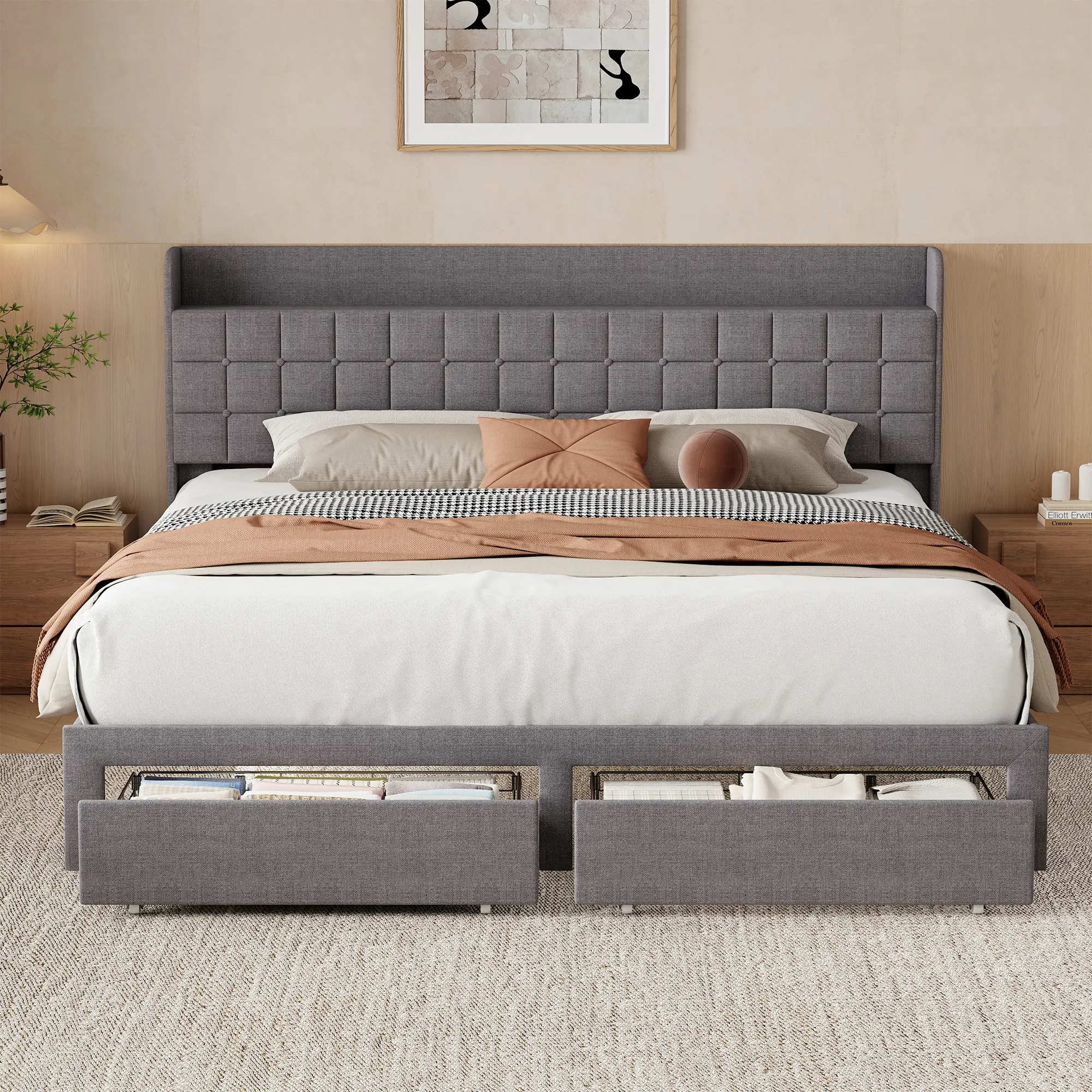 Sweetcrispy Heavy-Duty Hybrid Upholstered-Metal Platform Bed Frame with Fabric Headboard, Bedroom Upgrade, Sturdy Support, 2 Metal Storage Baskets, Easy Assembly, Contemporary Indoor Apartment Furniture (Queen Size, King Size Option)