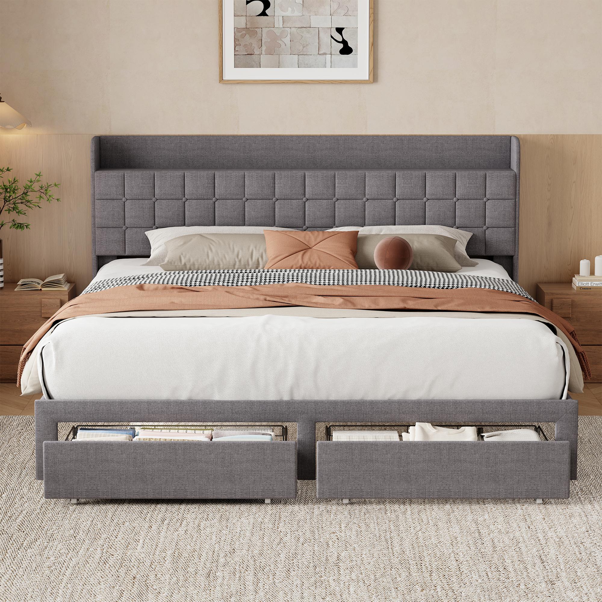 Sweetcrispy Heavy Duty Hybrid Upholstered-Metal Platform Bed Frame with Fabric Headboard - Queen/King Size, 2 Metal Storage Baskets, Easy Assembly, Contemporary Home Decor, Indoor Apartment Furniture
