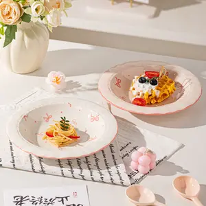 12-Piece Ceramic Dinnerware Set, Tableware Set, Bow Pattern, Scratch Resistant, Microwave & Dishwasher Safe, Round Shape,Suitable for 4-person service