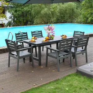 HDPE Outdoor Patio Dining Table Set 7 Pieces, One Table and Six Chairs. The outdoor dining furniture has sunshade holes and is suitable. It is suitable for lawns, gardens, backyards, and pool sides.Grey,Waterproof