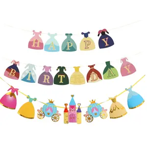 Magical Princess Theme Happy Birthday Banner, 3-Piece Fairytale Castle & Carriage Garland, Royal Princess Dress Party Decor for Girls Baby Shower & Birthday Backdrop, Party Decorations Banners