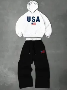 Men's Preppy Two-Piece Tracksuit, Hooded Sweatshirt & Drawstring Trousers, Lettering & Graphic Designs, Fall & Winter Fashion, Streetwear Tracksuit Set