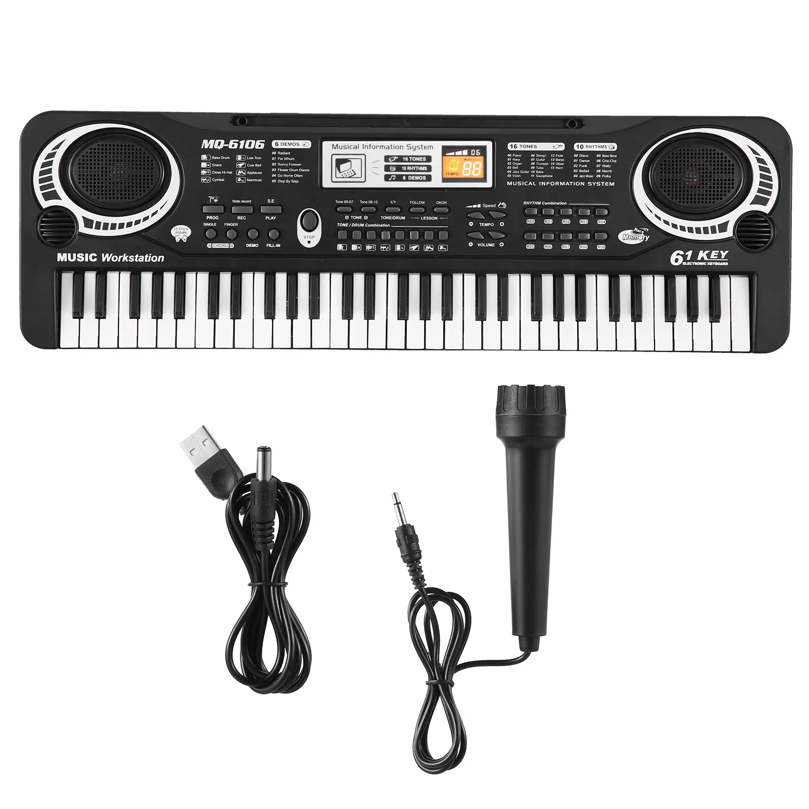 61-Key USB-Powered Kids' ABS Plastic Toy Electronic Organ - Digital Music Keyboard with Microphone, Black, Built-in Stereo Speakers, 16 Tones, 10 Rhythms, 6 Demo Songs, Boy Music Gifts