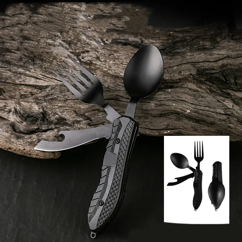 4 in 1 Detachable Folding Knife Fork Spoon Bottle Opener Set multitool | lunchbox | Construction tool | Stainless Steel Portable Eating Utensils | Outdoor Survival Gear for Hiking Backpacking | EDC Camping | Tactical Fishing Hunting Bushcraft Men Birthday