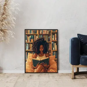 Black Woman Reading Print – Afrocentric Art, African American Girl Book Wall Art, Unframed
