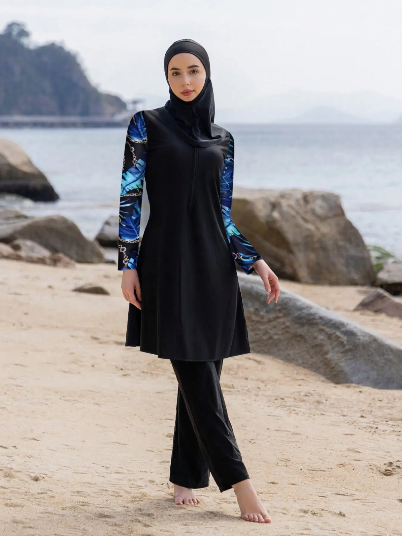 Women's Plants Print Long Sleeve Swim Top & Swim Bottom & Swim Hat, Swimsuit Outfits, Islamic Swimwear Set, Modest Muslim Swimwear Set for Beach Holiday Summer, Full Coverage Burkiniswimwear, Modest Beach Swimsuits, Swimsuit Sets