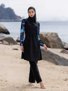 Women's Plants Print Long Sleeve Swim Top & Swim Bottom & Swim Hat Islamic Swimwear Set, Modest Muslim Swimwear Set for Beach Holiday Vacation, Modest Fashion Swimsuit, Full Coverage Swimsuits, Burkiniswimwear, Modest Swimming Wear