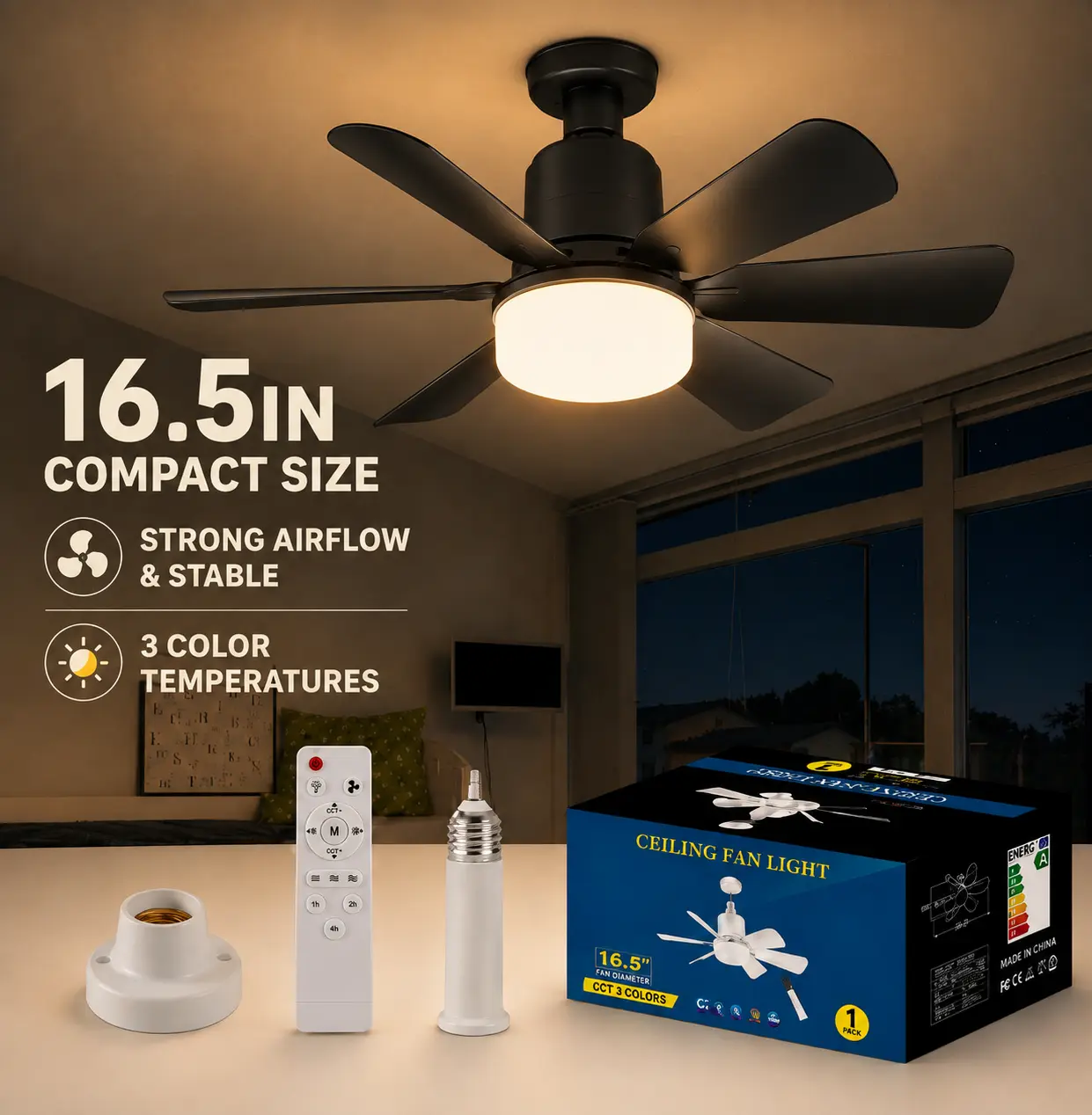 16.5in Plug-in Ceiling Fan Light with Remote Control, Strong Airflow & Stable Pure Copper DC Motor, Variable-Speed Energy-Saving Quiet Operation with Adjustable Lighting and Timer Function, Home Decor Atmosphere Lighting dimmable profile ceiling fan