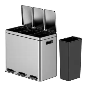 60L Dual Compartment Stainless Steel Trash Can, Soft-Close Pedal Lid, Fingerprint Resistant Surface with Removable Inner Buckets, Recycling Waste Bin for Kitchen, Home, Office & Bathroom