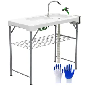 Outsunny Folding Fish Cleaning Table with Sinks, Portable Camping Sink Table with Faucet, Drainage Hose, Sprayer, Shelf, Drawer and Storage Basket, Outdoor Fillet Table for Picnic Beach Patio, White