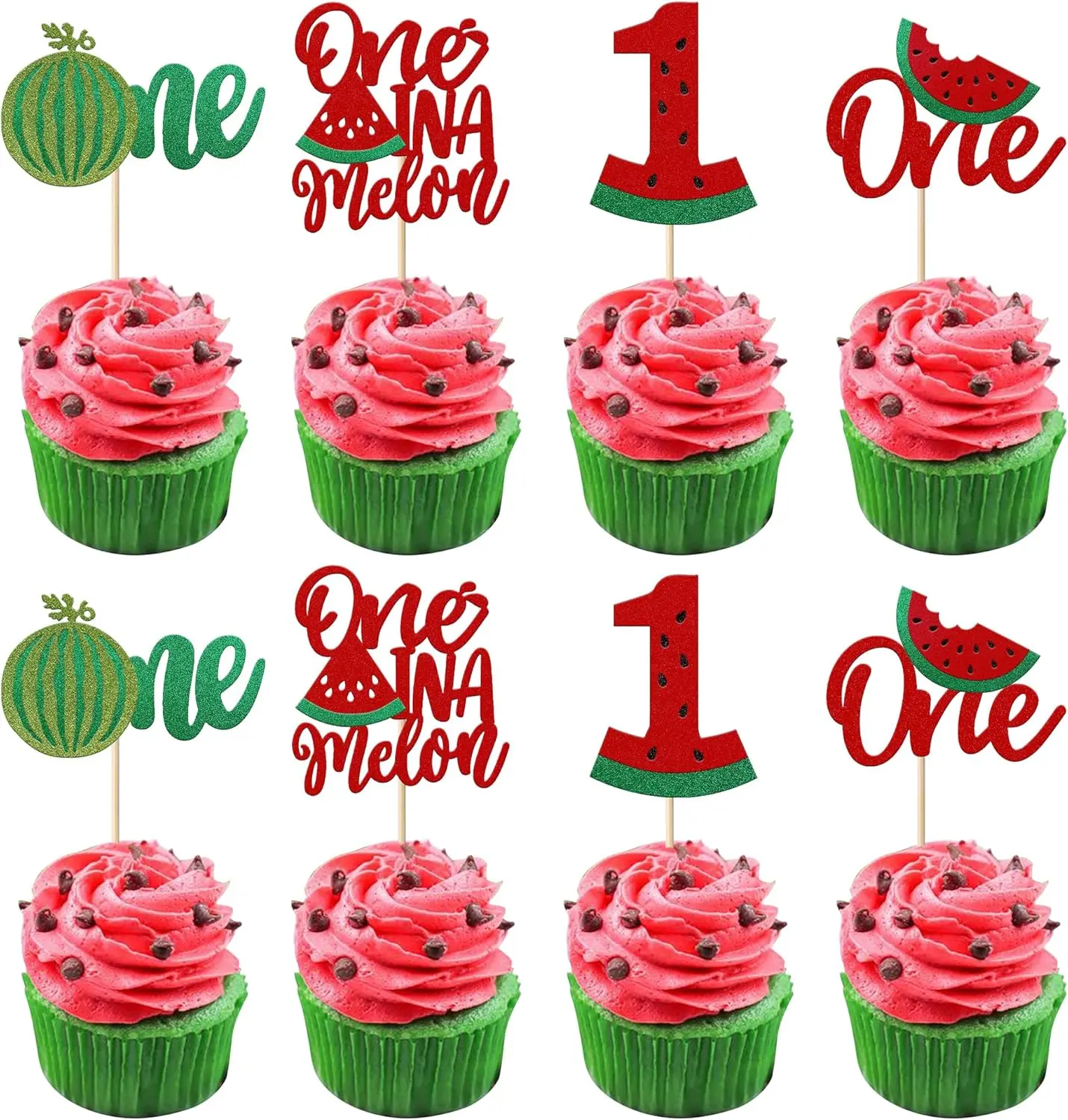 24 Pack Glitter Watermelon Cupcake Toppers One in a Melon Cupcake Picks Decorations for First Birthday Watermelon Themed Baby Shower Kids 1st Birthday Party Cake Decorations