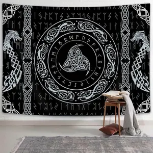 [Norse Mythology Tapestry] Polyester Norse Mythology Tapestry |   Mystical Black and White Viking Wall Hanging with Raven, Dragon Totem, and Ancient Runes |   Living Room or Bedroom Decor, Viking Decor