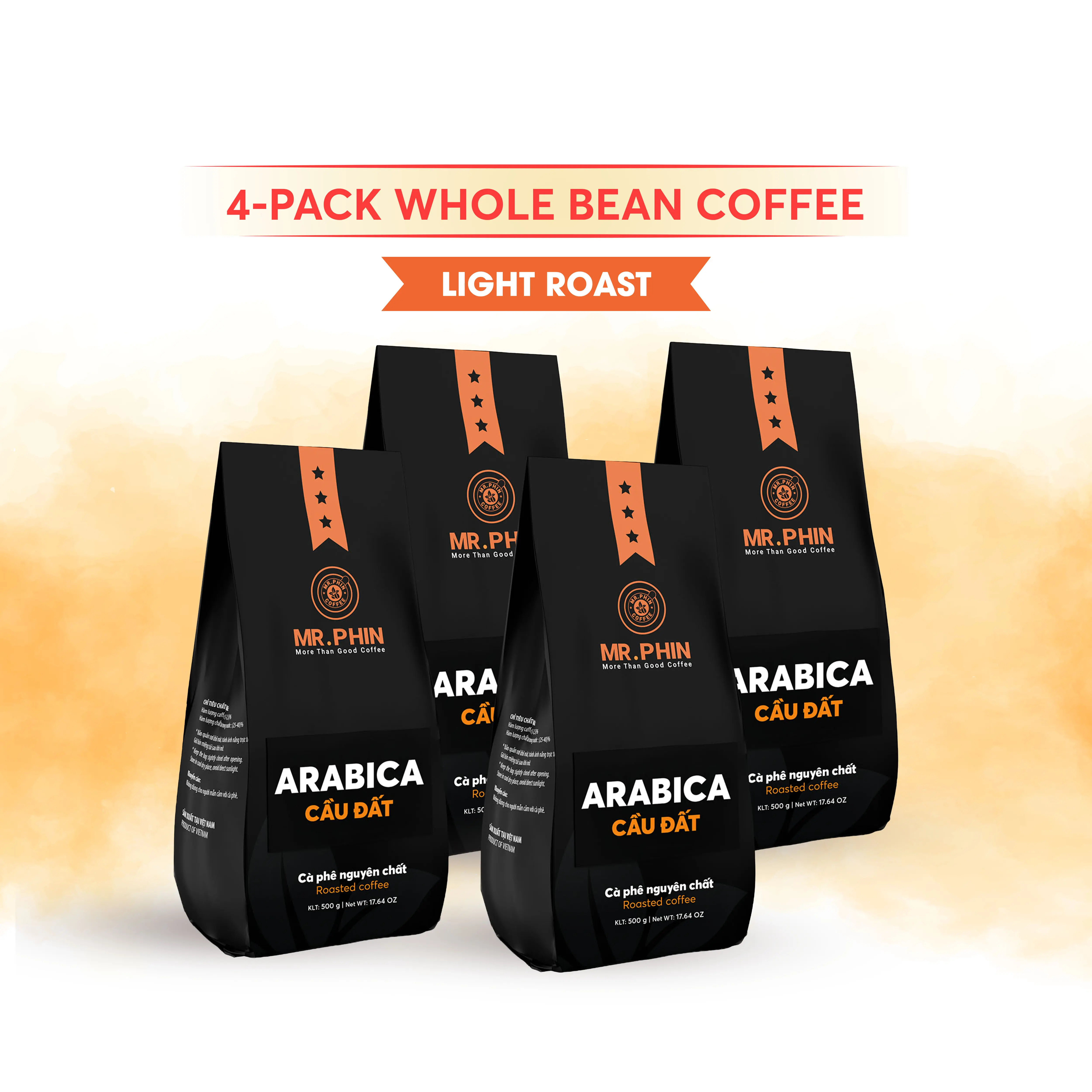 Arabica Cau Dat - 100% Pure Arabica Whole Bean Coffee - Specialty Light Roast, Rich Aroma & Sweet Finish (4.4 lb/4 Pack)