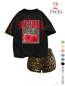 Sweet Cool Y2K Cherry Leopard Print Set, Womenswear, High Elastic Milk Silk Fabric, Loose Fit, Casual Style, Perfect for Dating and Daily Wear