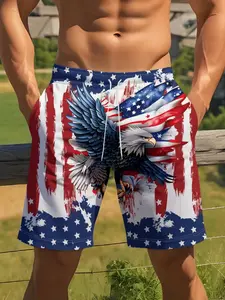 Men's American Flag Eagle Digital Print Beach Shorts, Swim Shorts, Swimwear Shorts, Swim Trunks, Summer Quick Dry Casual Short Pants, Trendy Vacation Seaside Beachwear