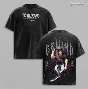 Toji Fushiguro Tee, Jujutsu Kaisen Anime Double Printed T-Shirt, Cursed Weapon Sorcerer Graphic, Vintage Washed Oversized Streetwear, Heavyweight Cotton Unisex Anime Shirt Casual Loose Round Neck