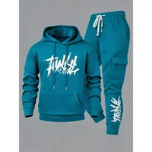 Men's 2-Piece Hoodie & Jogger Set with Graffiti Lettering - Cargo Pocket Pants, Drawstring Hoodie for Daily/Casual Wear
