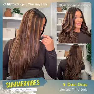 Wavymy Layered Cut Balayage Highlight Wear Go Glueless 6x4 Lace Pre-Bleached Straight Wigs Pre-pluck 180% Density Human Hair Wigs Salon Quality