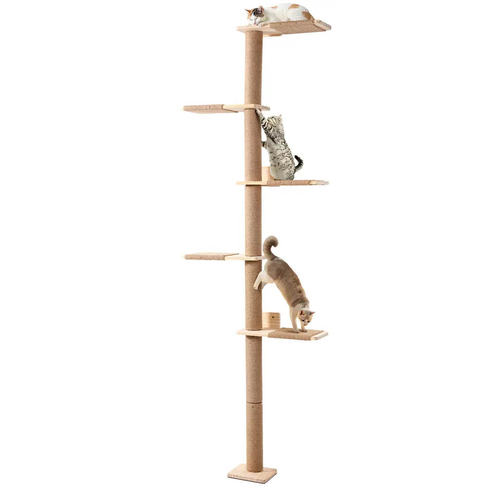 PetCozife Wood Floor-To-Ceiling Cat Tree - 5-Tier Wall-Mounted Vertical Scratcher, Rotatable Wild Simulation Shelves, Secure Space for Scratch Climbs & Play