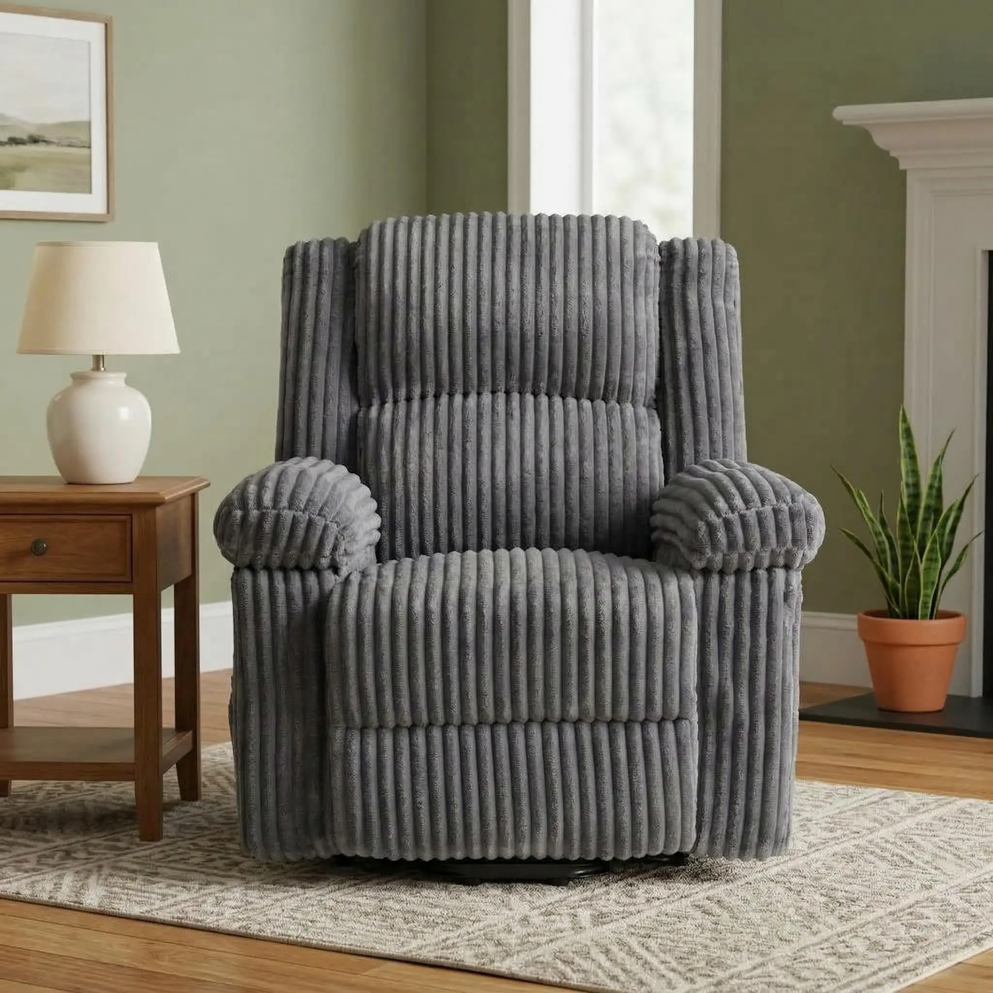 Garvee Dark Gray Corduroy Manual Adjustable Reclining Chair with Handle, Pillow Top Arms, Thick Padding, Side Pocket, 330Lbs Capacity for Living Room, Bedroom