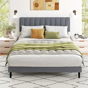 Full Size Platform Bed - Fabric Upholstered Sturdy Wood Slats No Box Spring Needed Modern Design with Adjustable Headboard and Upholstery