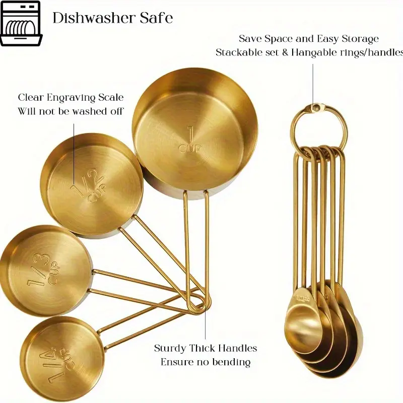 4/8 piece measuring cup and spoon set, Measuring Cups and Spoons, made of 430 stainless steel food contact grade, for baking and cooking liquid and dry ingredients, gold kitchen tool, Kitchen Utensils Set